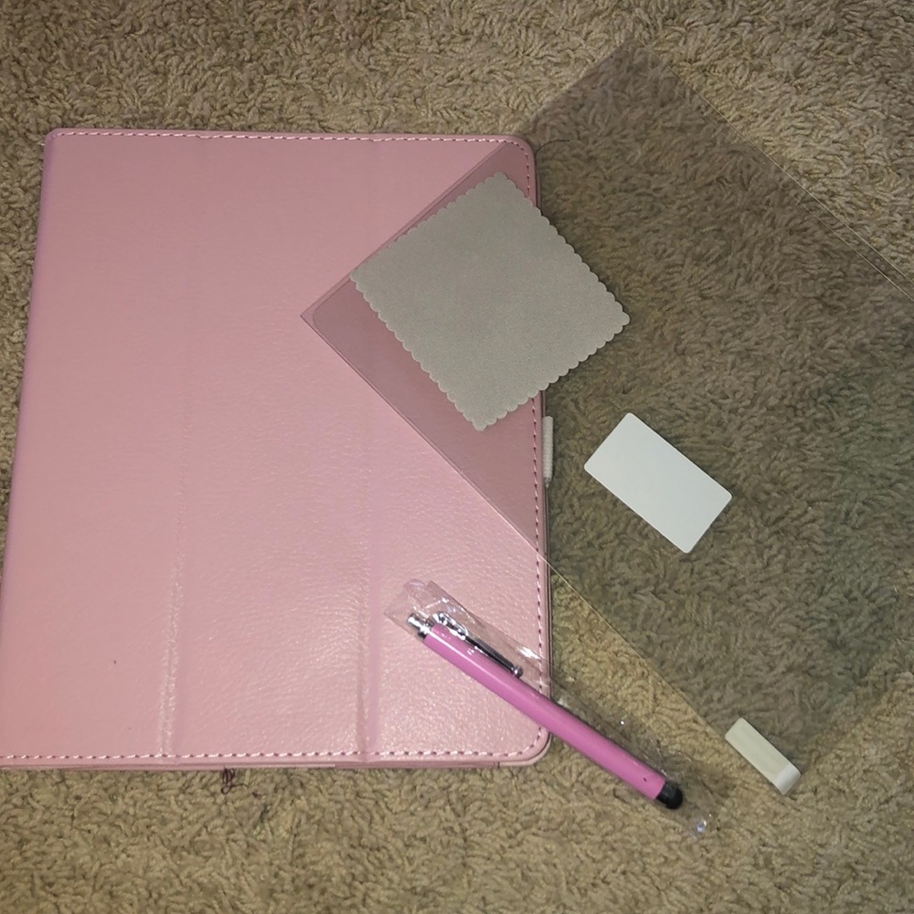 Pink Ipad case, screen protector, and stylus